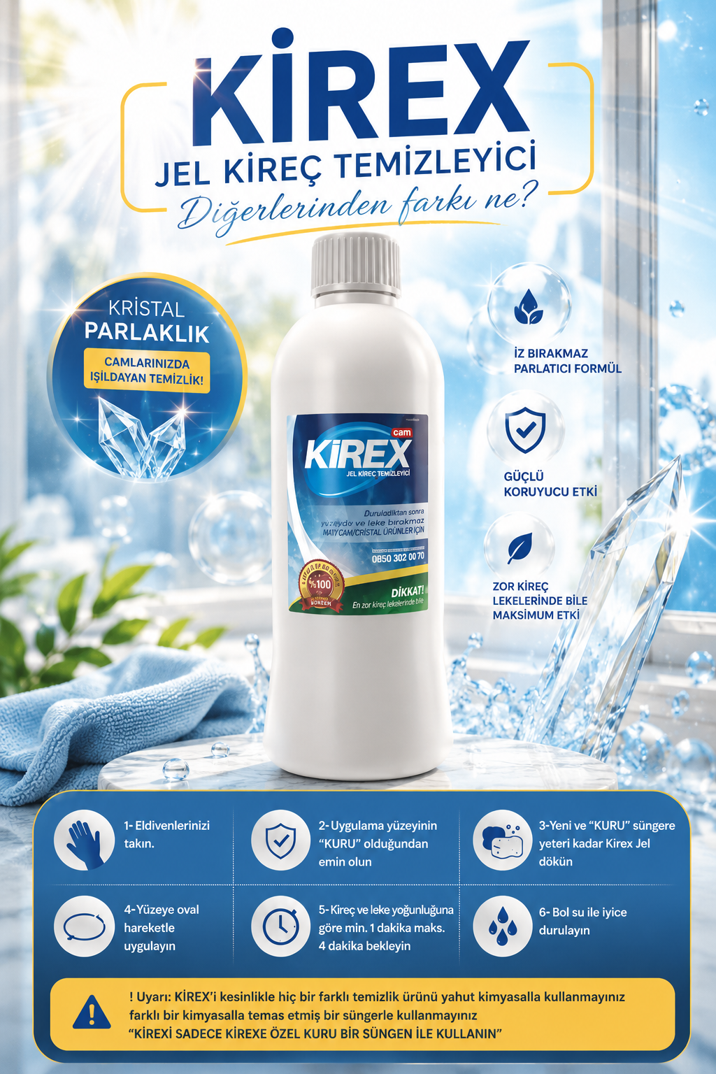 KİREX Duşakabin&Cam yüzeyler için Kireç&Su Lekesi Temizleyici 2x500ml
